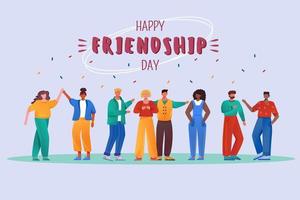 gelukkige vriendschap dag platte poster vector sjabloon. internationale feestdag. multiraciale mensen geïsoleerde stripfiguren op blauw. banner, brochurepagina, lay-out van folderontwerp, plaats voor tekst