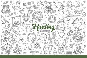 jacht- accessoires en wild dieren in de buurt geweren voor professioneel jagers. hand- getrokken tekening. vector