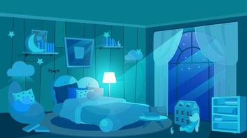 kinderen slaapkamer bij nacht platte vectorillustratie. kinderkamer interieur in blauwe tinten. maanlichtstralen van panoramisch raam. tekenfilmkussens, zacht speelgoed, boeken op planken, wolkvormige lampen vector