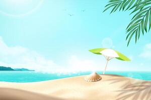 strand tafereel ontwerp voor Product Scherm. zomer strand tafereel met zeeschelp en parasol in 3d illustratie vector