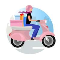 levering service platte concept vector pictogram. express scooter koerier die ordersticker, clipart levert. vrouw rijden motor met aankopen en boodschappentas. geïsoleerde cartoon afbeelding op wit