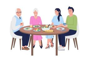 familieleden die samen dineren met semi-egale kleur vectorkarakters. full body mensen op wit. familiemaaltijd geïsoleerde moderne cartoonstijlillustratie voor grafisch ontwerp en animatie vector