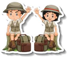 paar kinderen dragen safari-outfit stripfiguursticker vector