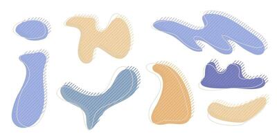 verzameling van biologisch onregelmatig klodder vorm met decoratief strepen en beroerte lijn. geel blauw willekeurig vervormen cirkel plek. geïsoleerd wit achtergrond biologisch amoebe tekening elementen illustratie. vector