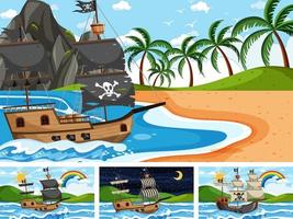 set van verschillende strandtaferelen met piratenschip vector