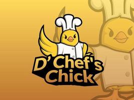 een cartoon chef-kok kuikens mascotte karakter met één vleugel gespreid. mascotte voor restaurant vector