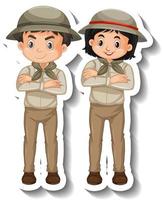 paar kinderen dragen safari-outfit stripfiguursticker vector