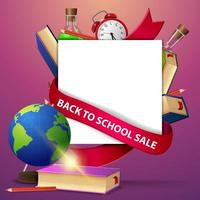 terug naar schoolverkoop, webbannersjabloon met wereldbol en schoolboeken vector