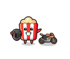 leuke popcorncartoon als motorcoureur vector