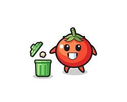 illustratie van de tomaten die afval in de vuilnisbak gooien vector