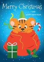 een kleine tijgerwelp in een rode kerstzak met cadeaus. vectorillustratie. vector