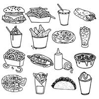 Fast-food menu pictogrammen zwarte omtrek vector