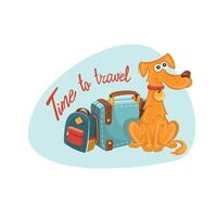 op reis met een hond, schattig huisdier met reizen tas. een puppy is aan het wachten voor een vlucht Buitenland, een ondersteuning of behandeling dier voor een reiziger Aan vliegtuigen. illustratie in vlak stijl. vector