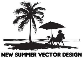 zwart silhouet zomer ontwerp palm boom zittend Aan stoel voorkant tafel en paraplu Mens strand vrij ontwerp vector