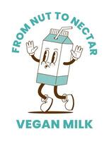 retro tekenfilm veganistisch fabriek gebaseerd melk karakter. wijnoogst alternatieven lactose vrij drinken vector