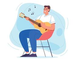 gelukkig jong Mens zittend in fauteuil en spelen gitaar. hobby en ontspannende weekend Bij huis illustratie in vlak stijl. akoestisch lessen. blij vent Holding musicus instrument en het zingen liedje. vector