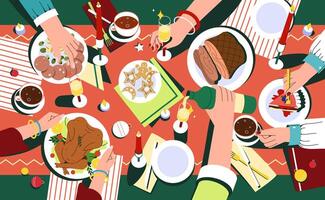 Kerstmis feestelijk avondeten met handen van mensen, versierd tafel top visie. heerlijk traditioneel vakantie gerechten Aan platen. vlak familie vieren dankzegging dag en aan het eten heerlijk voedsel samen. vector