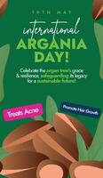 Internationale dag van Argania. 10e mei Internationale dag van argania viering verhaal banier met argan fabriek en zaden Aan donker groen achtergrond. banier, sociaal media post voor voordelen van argan bomen. vector