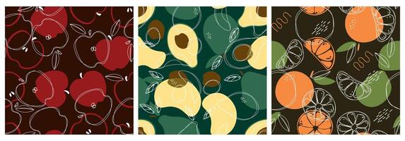 naadloos patroon reeks met appels, sinaasappelen, en avocado vector