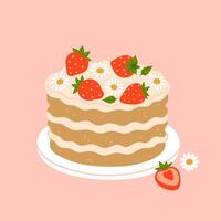 schattig taart versierd met aardbeien en kamille bloemen. grafiek. vector