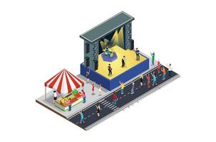 langs de weg muziek- festival illustratie concept met auto's, accessoires verkoop. 3d isometrische visie van partij elementen, concert achtergrond en stadium landschap. muziek- evenement illustratie vector