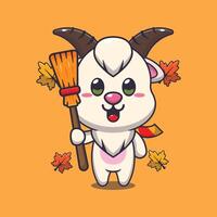 schattig herfst geit Holding bezem tekenfilm illustratie. vector