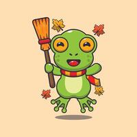 schattig herfst kikker Holding bezem tekenfilm illustratie. vector