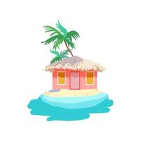 geïsoleerd roze bungalow rieten dak geel zand tropisch palm zee kust vakantie marinier afdrukken zomer poster poster kleding papier vector