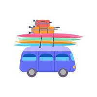 geïsoleerd schattig retro blauw bus geel rood koffers veelkleurig surfplanken afdrukken zomer poster poster kleren papier vector