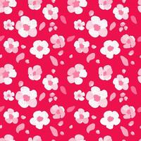 naadloos patroon traditioneel sakura bloemen rood achtergrond structuur hand- getrokken volk wit bloemblaadjes groen madeliefje bladeren helder ornament illustratie vector