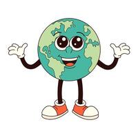 aarde groovy karakter in modieus retro tekenfilm stijl. aarde dag. retro illustratie voor kaart, poster, banier, web vector