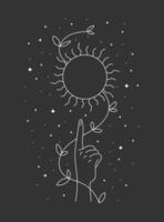 esoterisch hemel- zomer zonnestilstand zon teken zweven over- vrouw hand- met gebladerte. mysticus equinox vakantie lineair symbool. geestelijkheid tatoeëren schets logo. boho zomertijd stijl eps logotype vector