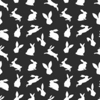 Pasen naadloos patroon van wit konijn silhouetten in verschillend acties. feestelijk Pasen konijntjes ontwerp. geïsoleerd Aan zwart achtergrond. voor Pasen decoratie, omhulsel papier, groet, textiel, afdrukken vector