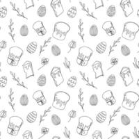 naadloos patroon van Pasen eieren, Pasen kulich taarten, bloemen elementen. zwart en wit. lijn kunst. wit achtergrond. feestelijk ontwerp. Pasen decoratie, omhulsel papier, groet, textiel, afdrukken vector
