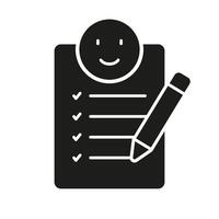 overeenkomst bevestiging silhouet icoon. document met positief emoticon glyph pictogram. klant tevredenheid solide teken. mooi zo keuze. gelukkig cliënt symbool. geïsoleerd illustratie vector