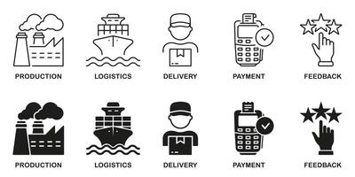 logistiek lijn en silhouet icoon set. levering keten symbool verzameling. productie, uitdrukken Verzending, betaling, recensie pictogram. distributie industrie gids teken. geïsoleerd illustratie vector