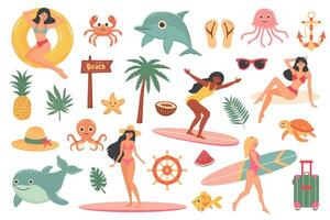 nautische strand set. surfen, schattig zee dieren, Dames in zwemkleding, zomer artikelen, exotisch planten. vector