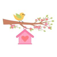 schattig vogel zitten Aan de bloem bloeiend Afdeling en vogelhuisje hangen. lente concept. vector