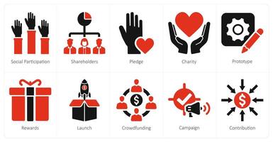 een reeks van 10 crowdfunding pictogrammen net zo sociaal deelname, aandeelhouders, belofte, vector