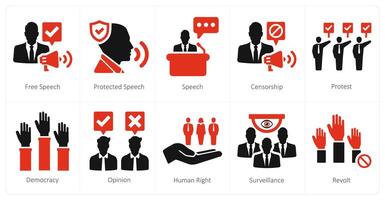 een reeks van 10 vrijheid van toespraak pictogrammen net zo vrij toespraak, beschermde toespraak, toespraak vector