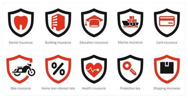 een reeks van 10 verzekering pictogrammen net zo tandheelkundig verzekering, gebouw verzekering, onderwijs verzekering vector