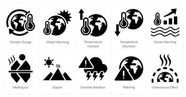 een reeks van 10 klimaat verandering pictogrammen net zo klimaat Wijzigen, globaal opwarming, temperatuur toenemen vector