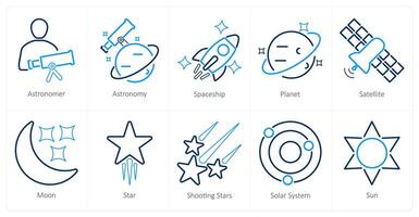 een reeks van 10 astronomie pictogrammen net zo astronoom, astronomie, ruimteschip vector