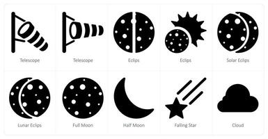 een reeks van 10 weer pictogrammen net zo telescoop, verduisteringen, zonne- verduisteringen vector