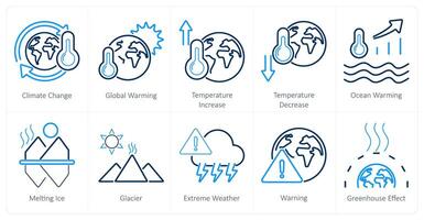 een reeks van 10 klimaat verandering pictogrammen net zo klimaat Wijzigen, globaal opwarming, temperatuur toenemen vector