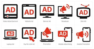 een reeks van 10 advertenties en afzet pictogrammen net zo betalen per Klik advertentie, website advertentie, banier advertentie vector