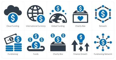 een reeks van 10 crowdfunding pictogrammen net zo wolk financiering, Internationale munteenheid, globaal financiering vector