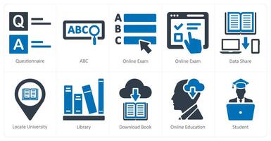 een reeks van 10 online onderwijs pictogrammen net zo vragenlijst, abc, online tentamen vector