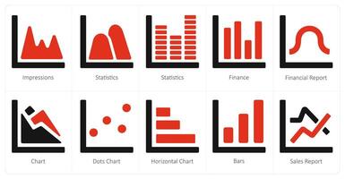 een reeks van 10 diagram en rapporten en rapporten pictogrammen net zo indrukken, statistieken, financiën vector