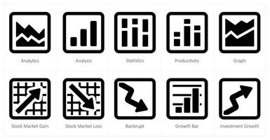 een reeks van 10 diagrammen en rapporten pictogrammen net zo analyse, analyse, statistieken vector